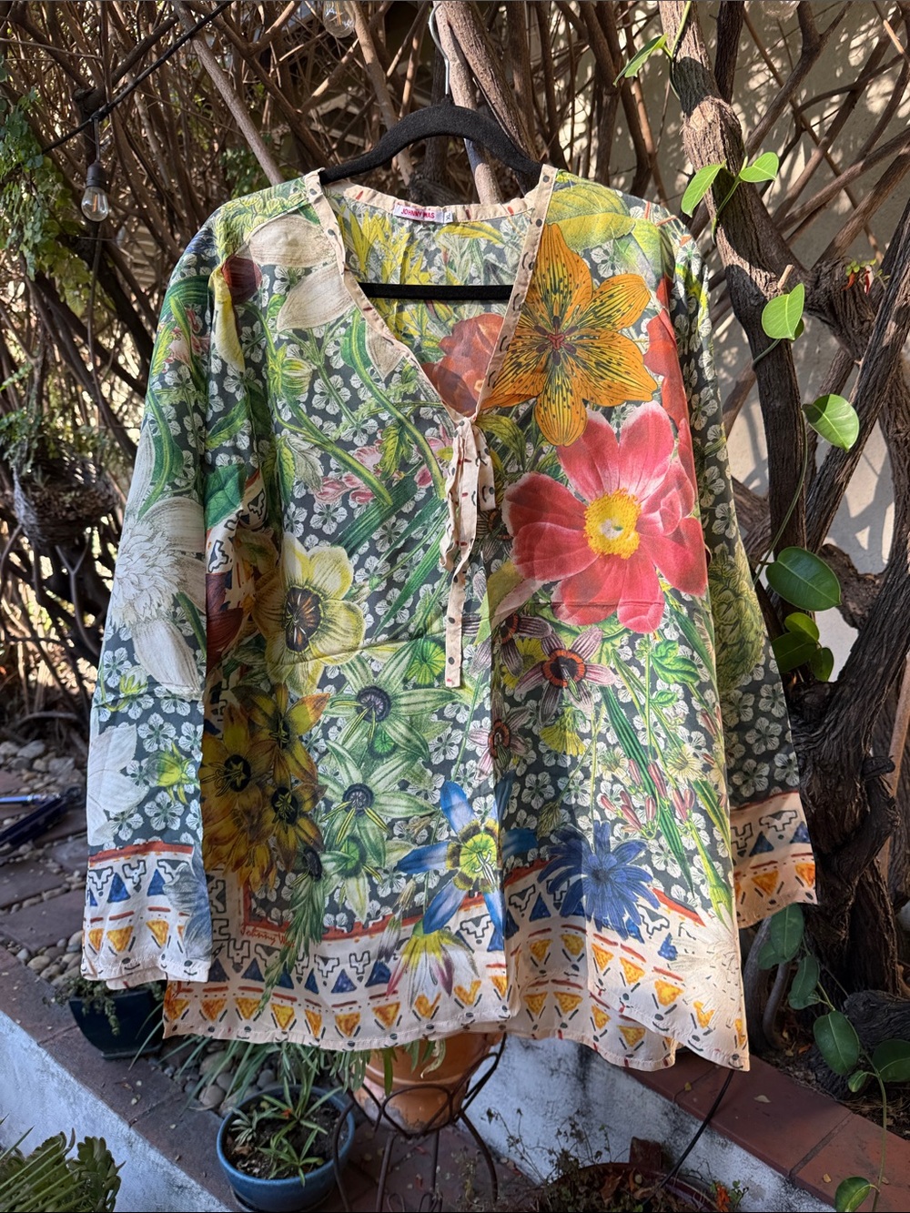 Johnny Was Floral Button-Front Silk Tunic in Green, Yellow, Red, Blue
